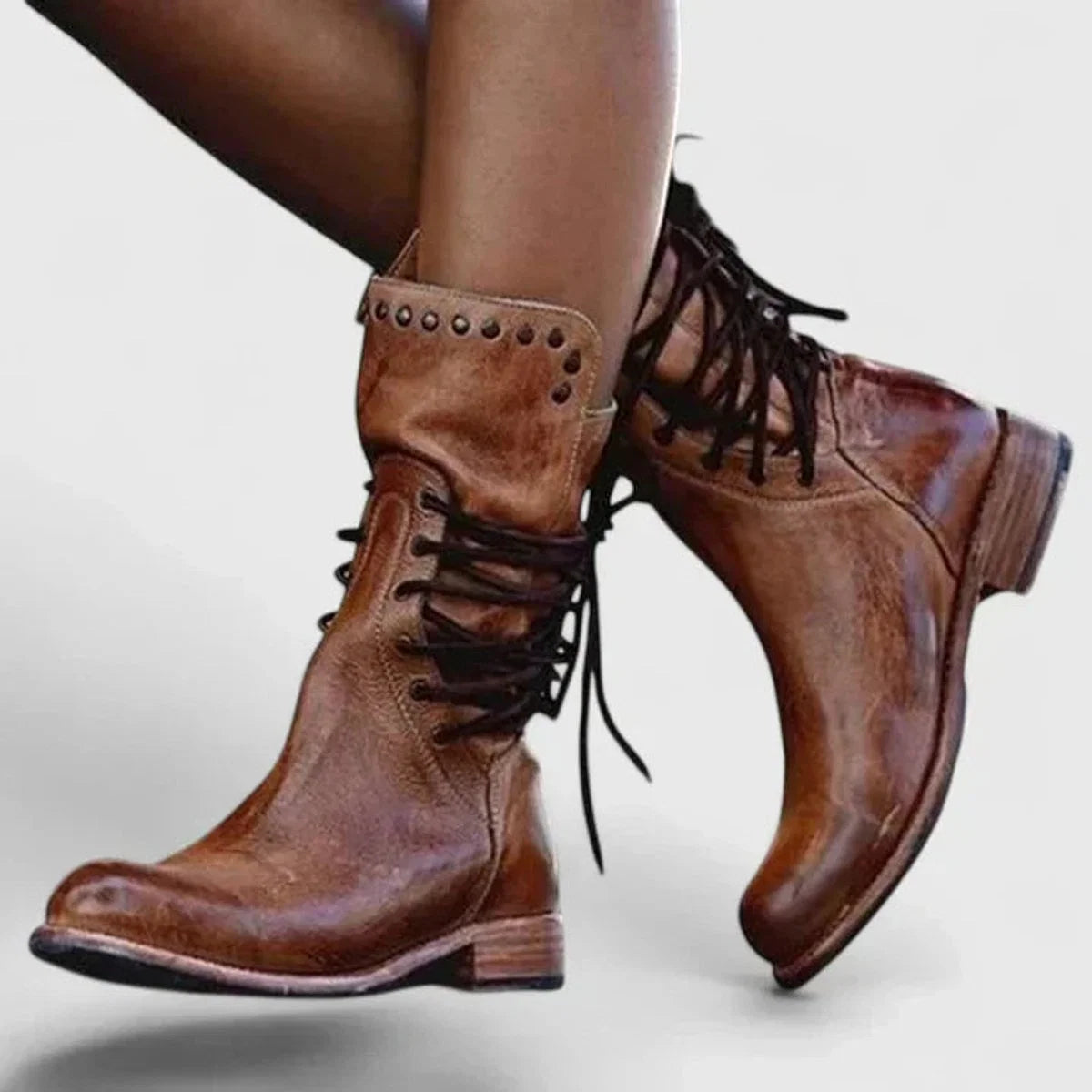 Nuana | Damen Schnürstiefel Vintage Leder-Optik Ankle Boots Nietendetail