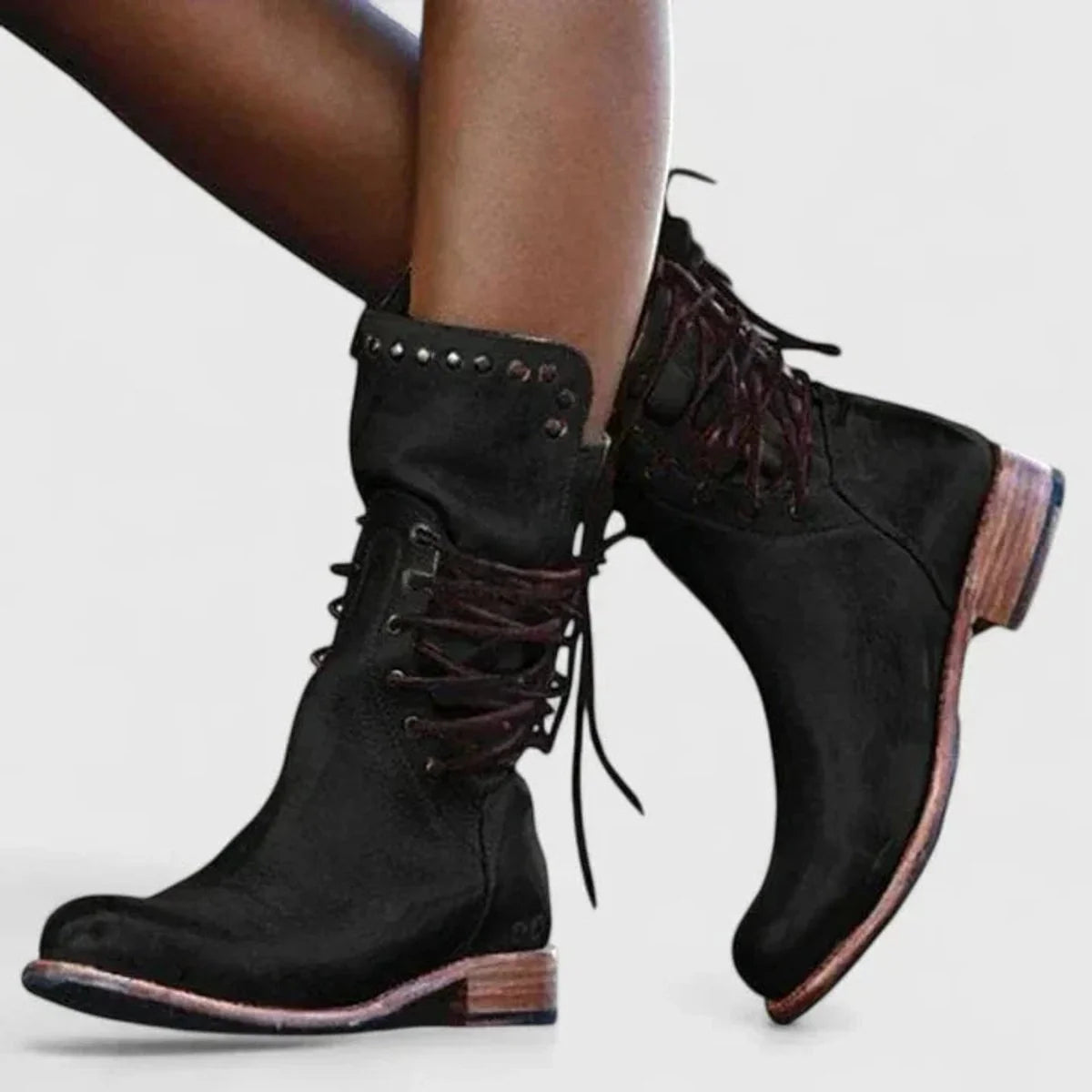 Nuana | Damen Schnürstiefel Vintage Leder-Optik Ankle Boots Nietendetail