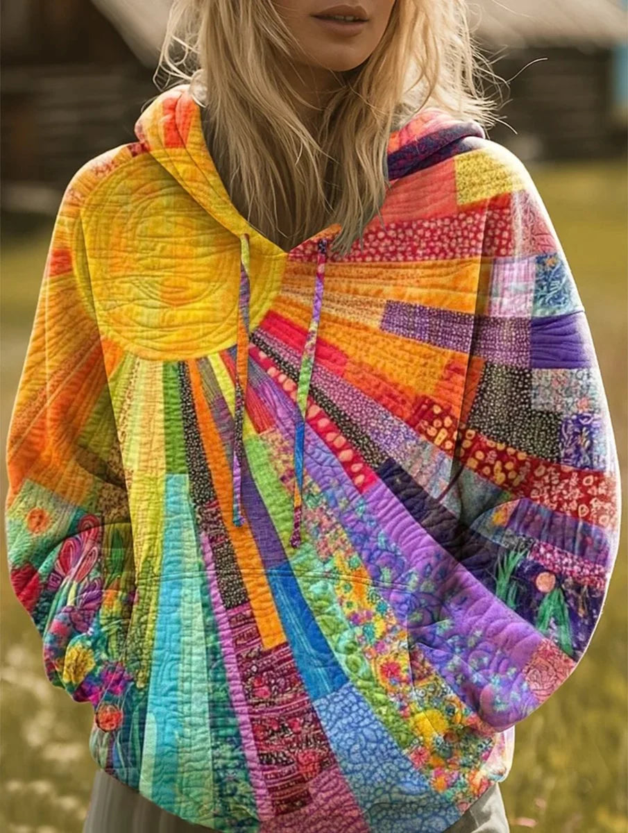 Nuana | Damen Sweater Bunter Patchwork Kapuzenpullover Boho Sonnenmuster