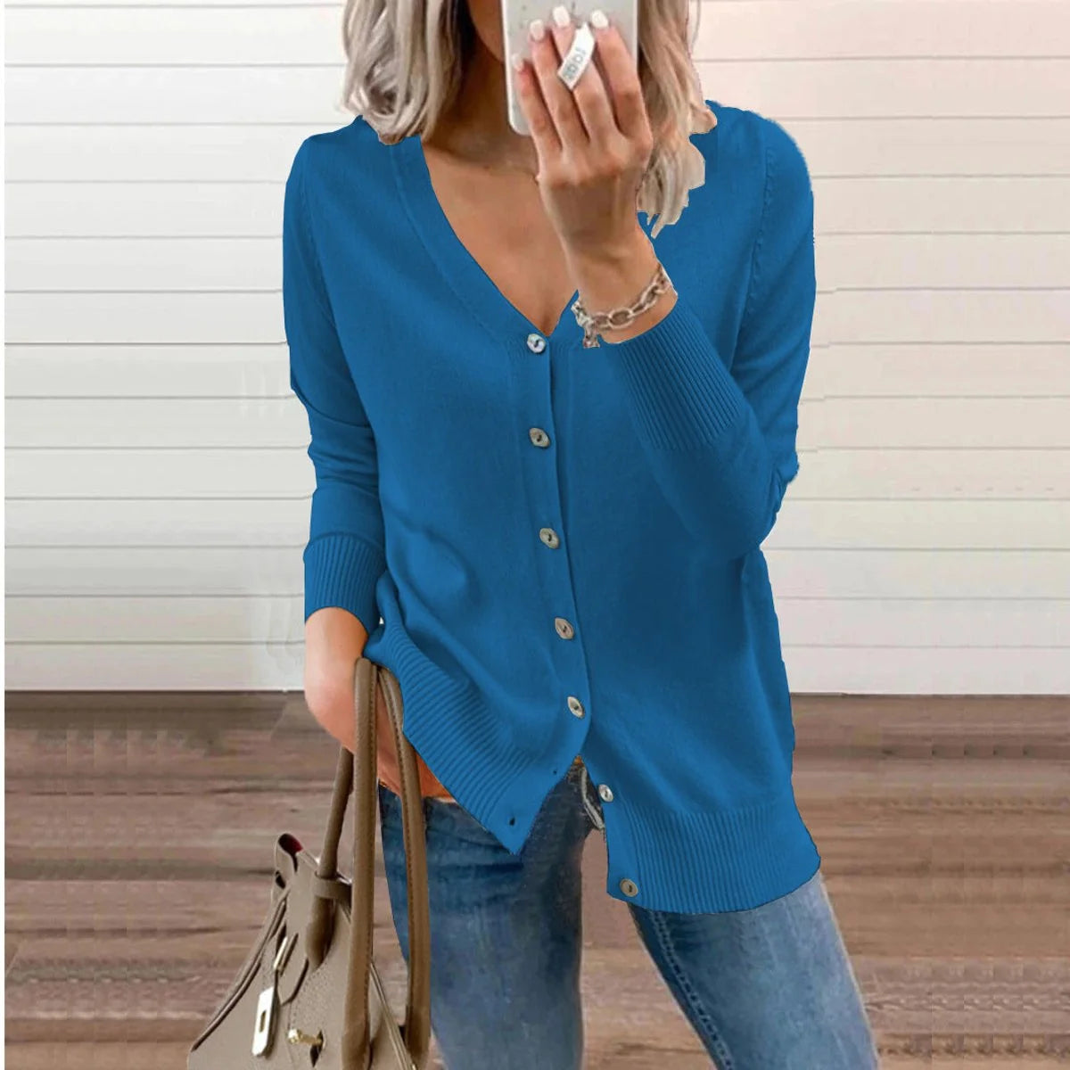 Nuana | Damen V-Ausschnitt Strickjacke Langarm Cardigan mit Knöpfen