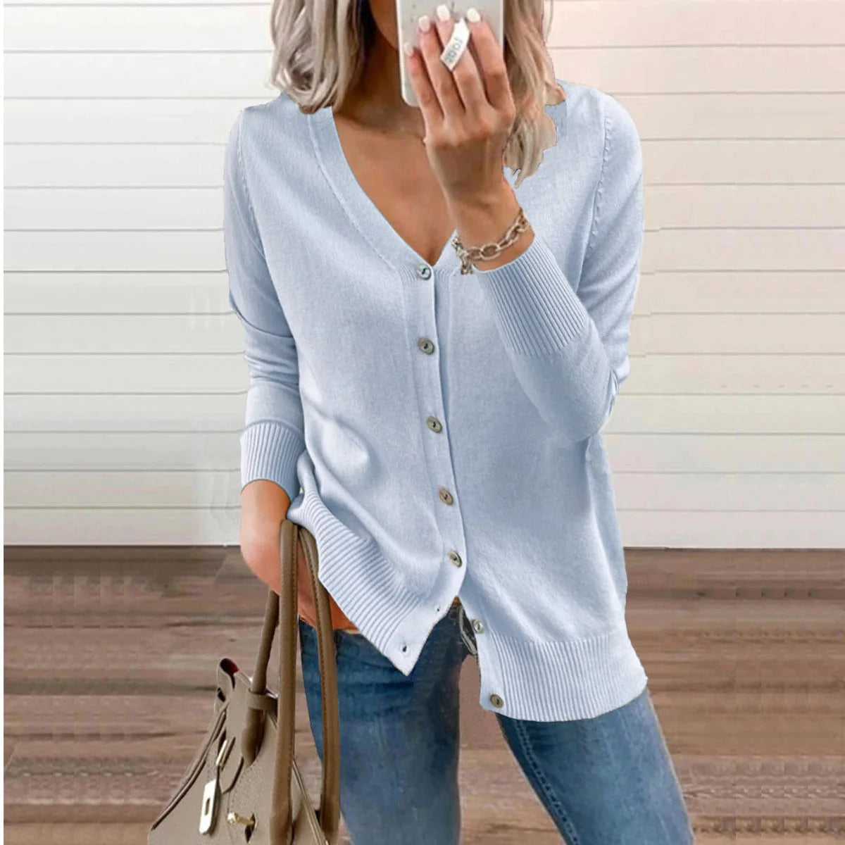 Nuana | Damen V-Ausschnitt Strickjacke Langarm Cardigan mit Knöpfen