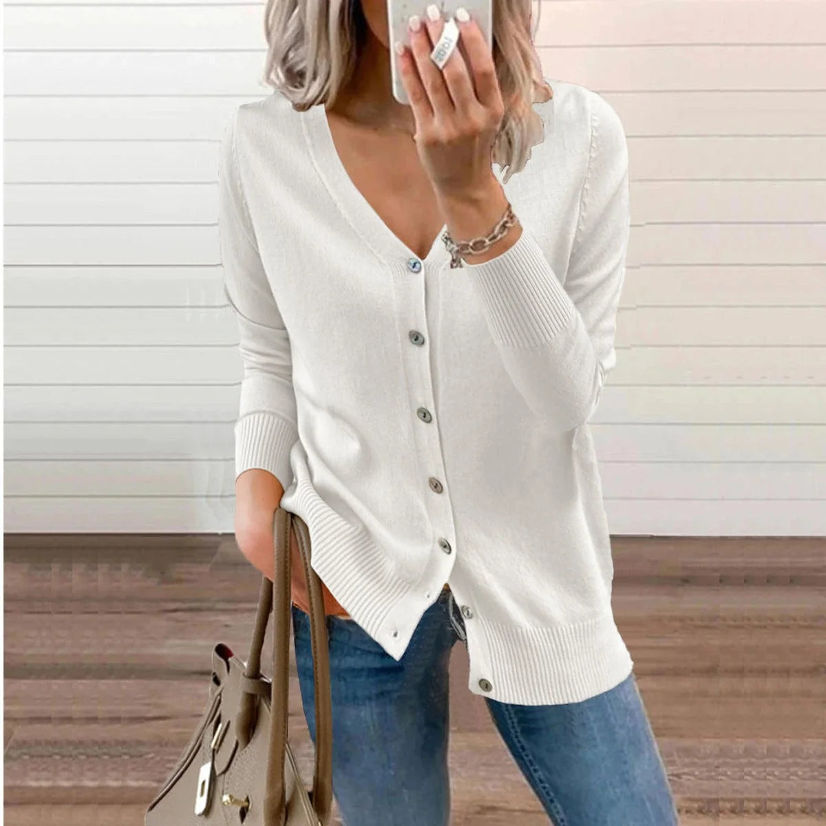 Nuana | Damen V-Ausschnitt Strickjacke Langarm Cardigan mit Knöpfen