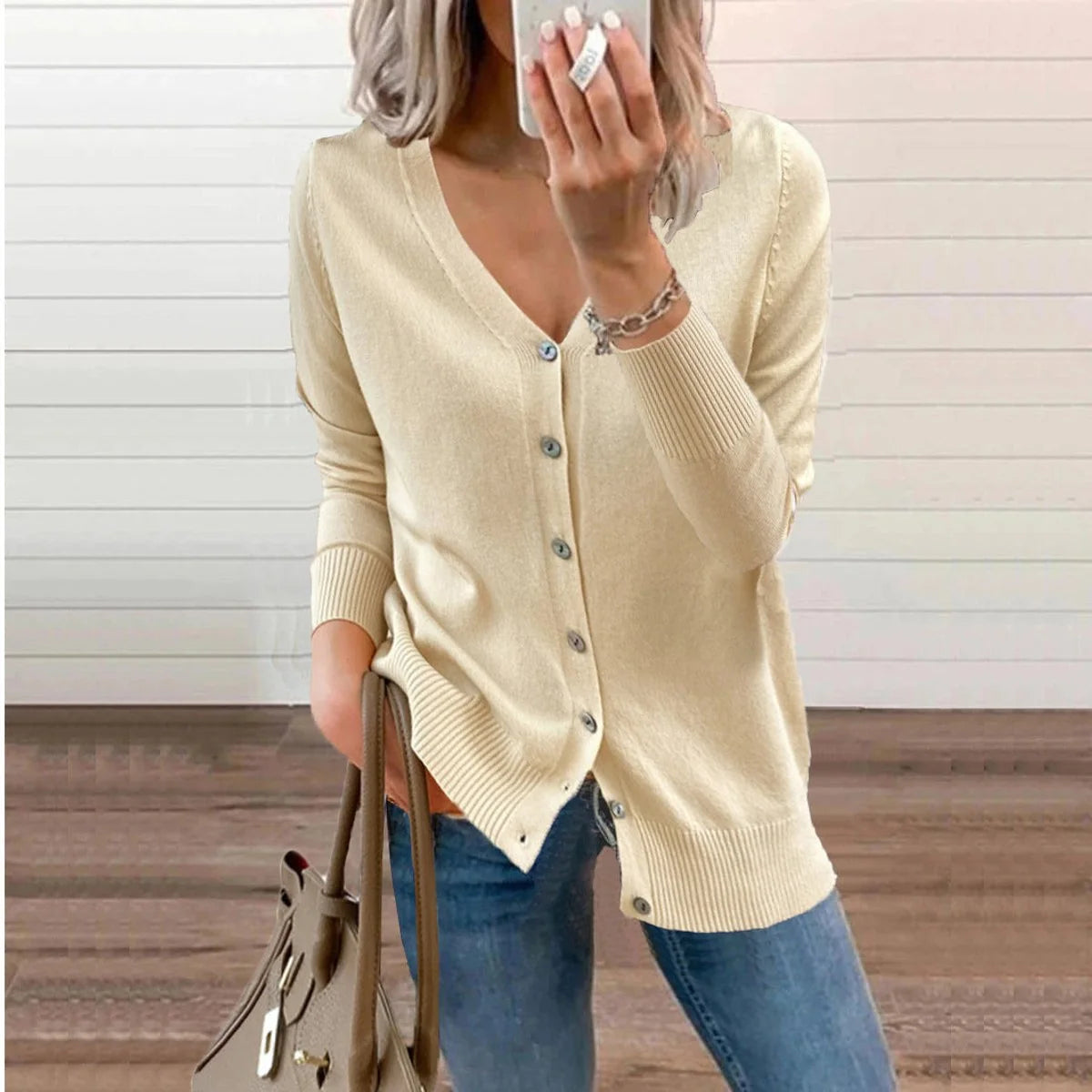 Nuana | Damen V-Ausschnitt Strickjacke Langarm Cardigan mit Knöpfen