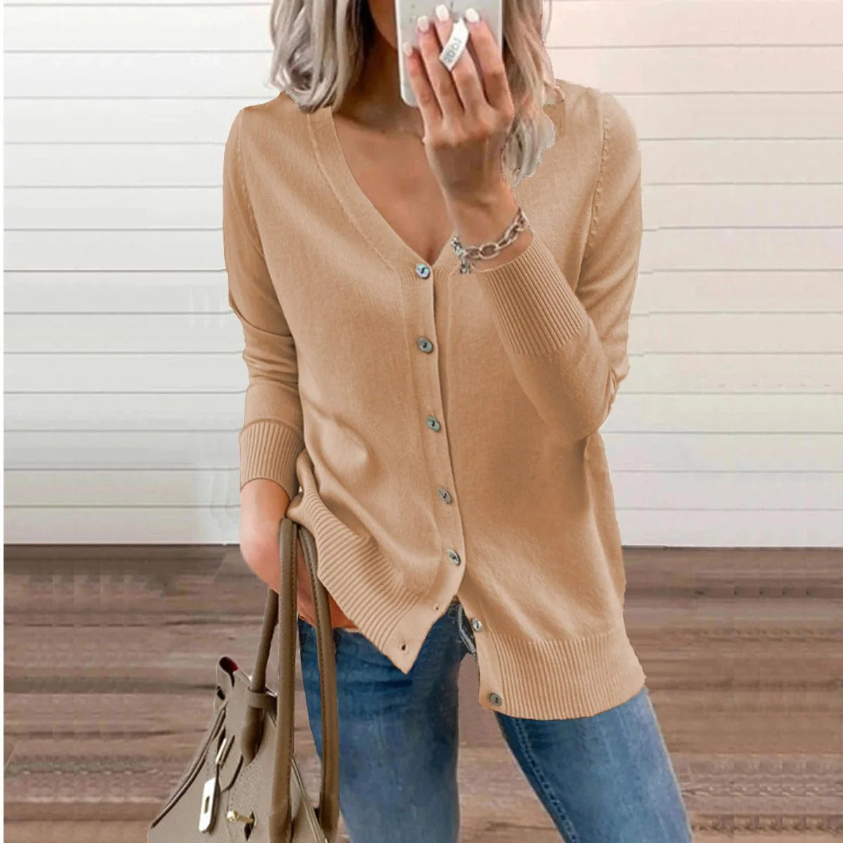Nuana | Damen V-Ausschnitt Strickjacke Langarm Cardigan mit Knöpfen