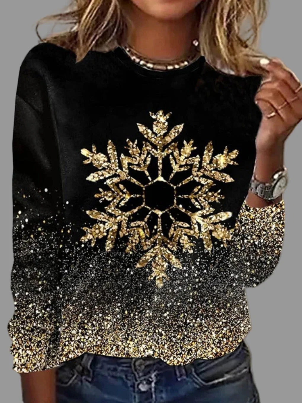 Nuana | Damen-Weihnachtspullover mit goldenen Schneeflocken