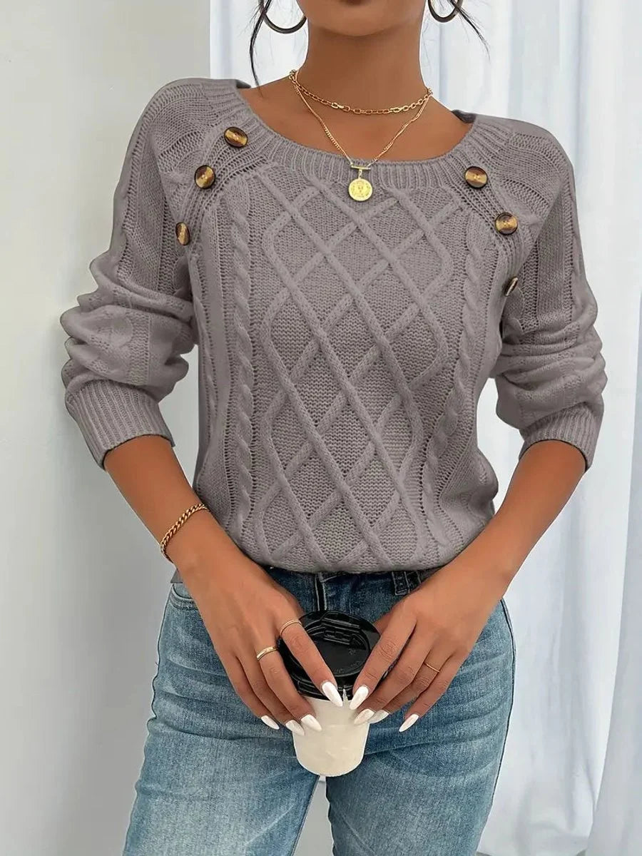 Nuana | Damen Zopfmuster Knit Sweater Rundhals Raglanärmel mit Knöpfen