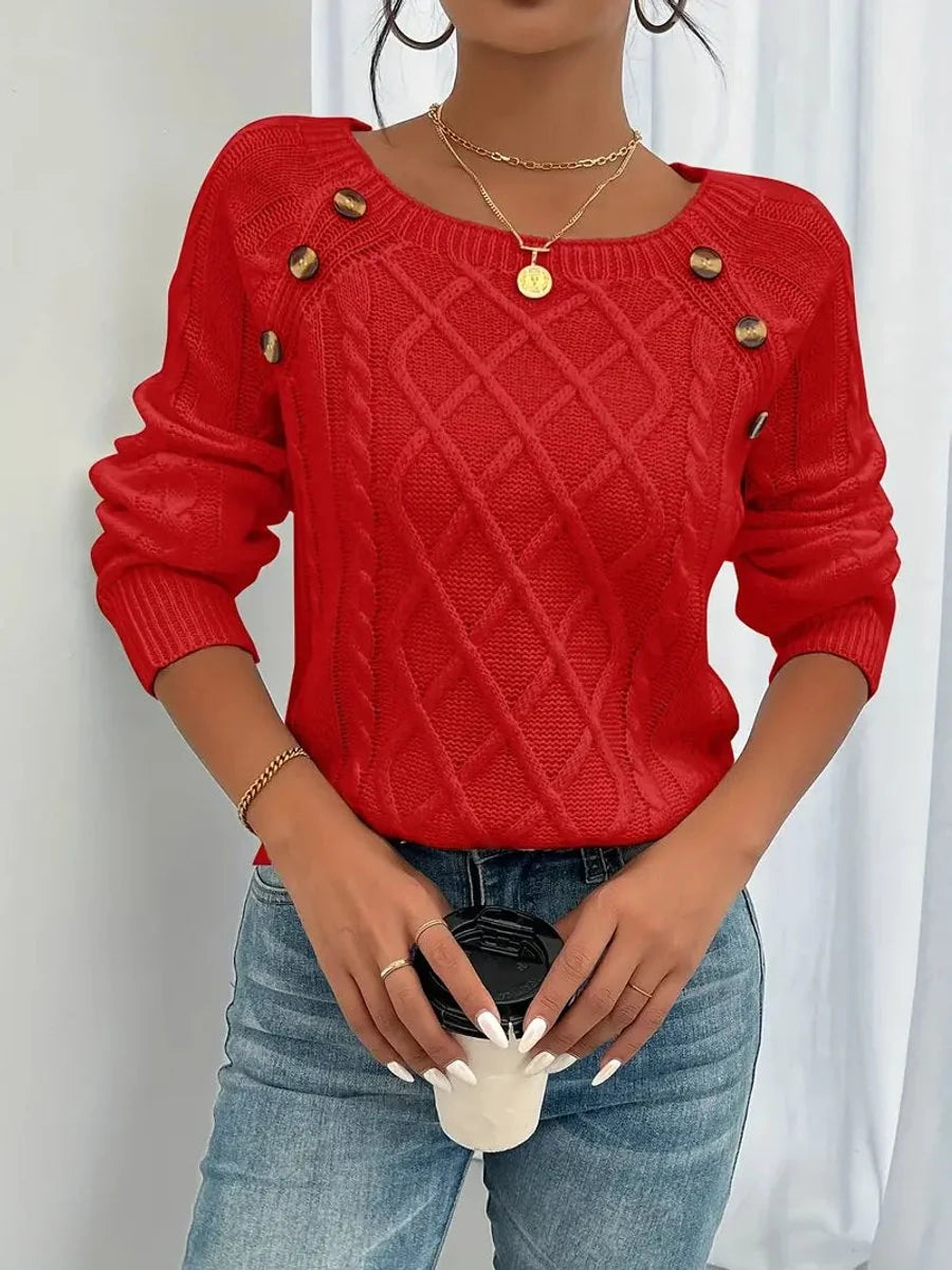 Nuana | Damen Zopfmuster Knit Sweater Rundhals Raglanärmel mit Knöpfen