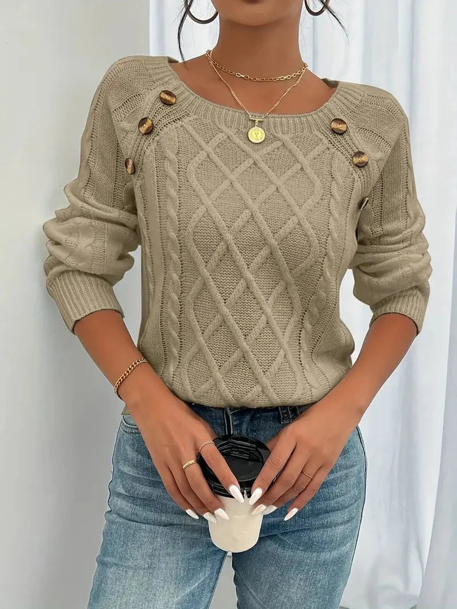 Nuana | Damen Zopfmuster Knit Sweater Rundhals Raglanärmel mit Knöpfen