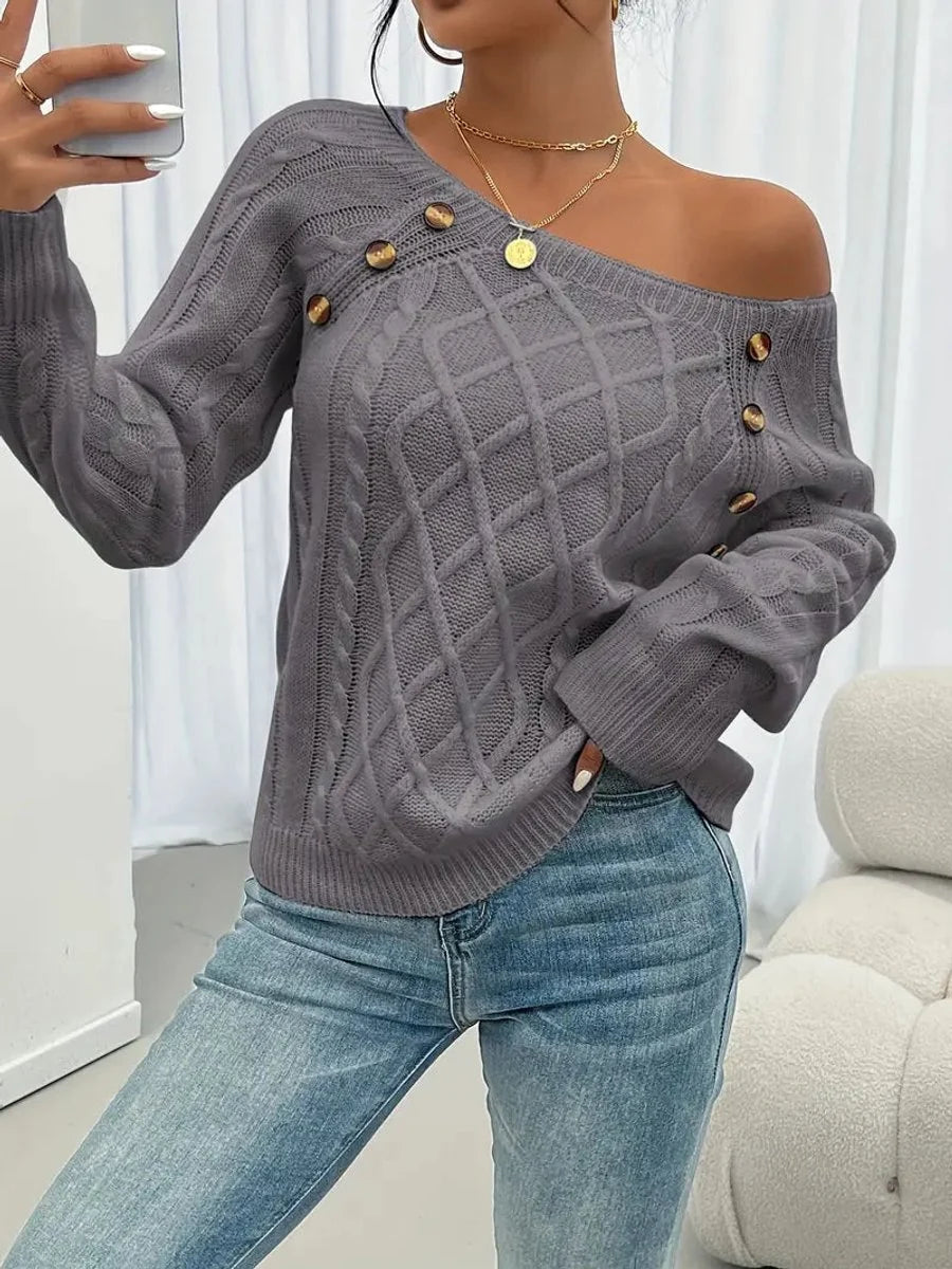 Nuana | Damen Zopfmuster Knit Sweater Rundhals Raglanärmel mit Knöpfen