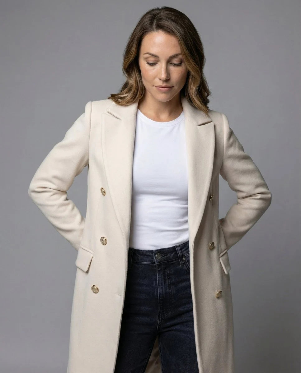 Nuana | Damen Zweireihiger Langer Wintermantel mit Goldknöpfen