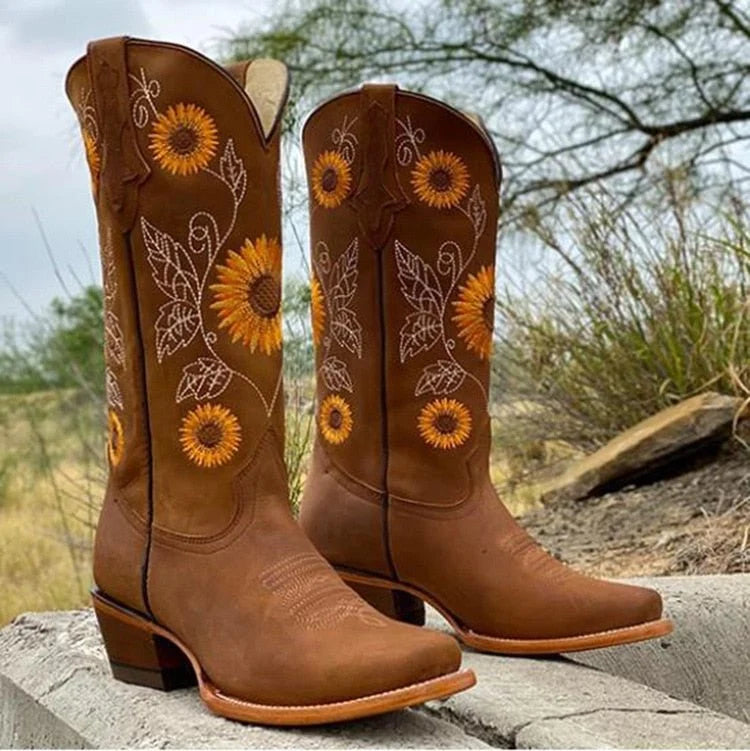 Nuana Elisabeth Damen Bestickte Sonnenblumen Cowboystiefel