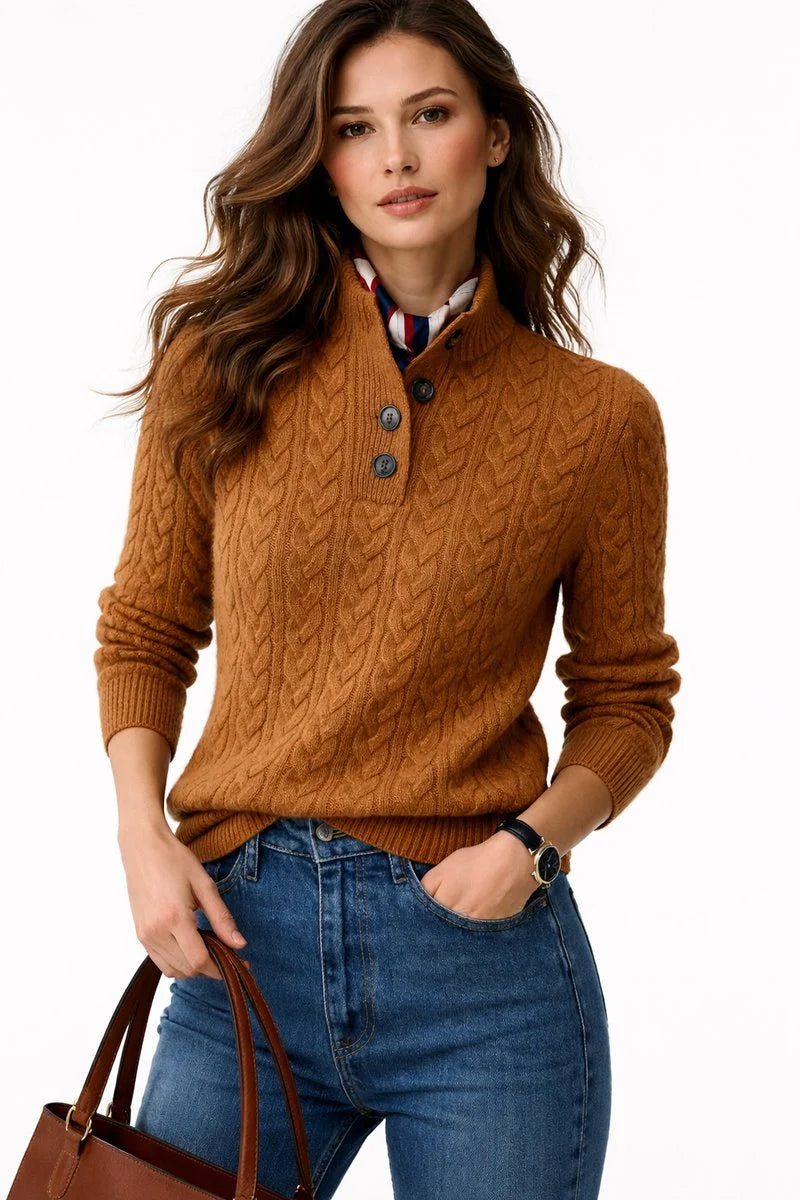Nuana Elisabeth | Damen Kabelstrick Wollmix Rollkragen Sweater mit Knopfleiste