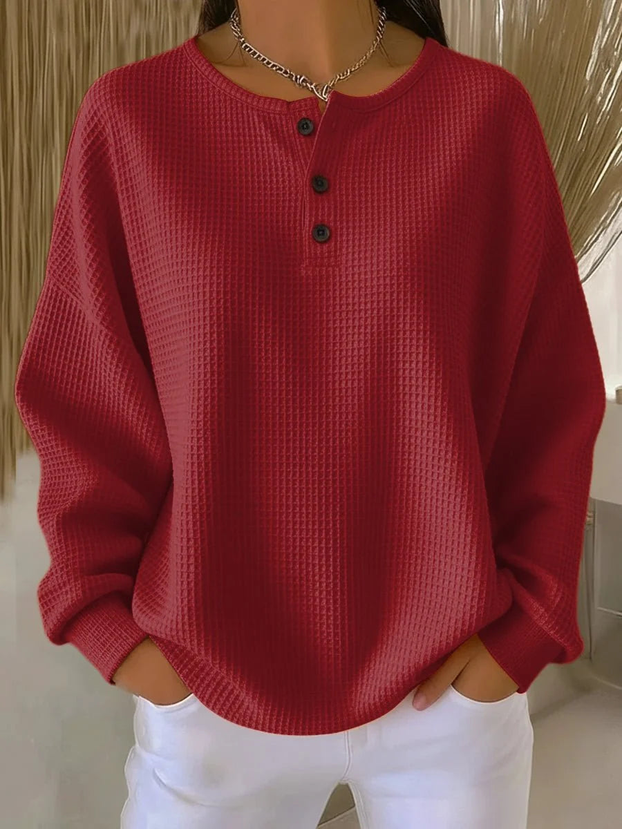 Nuana Elisabeth Damen Waffelstrick Henley Knit Sweater Langarm Oversize Pullover