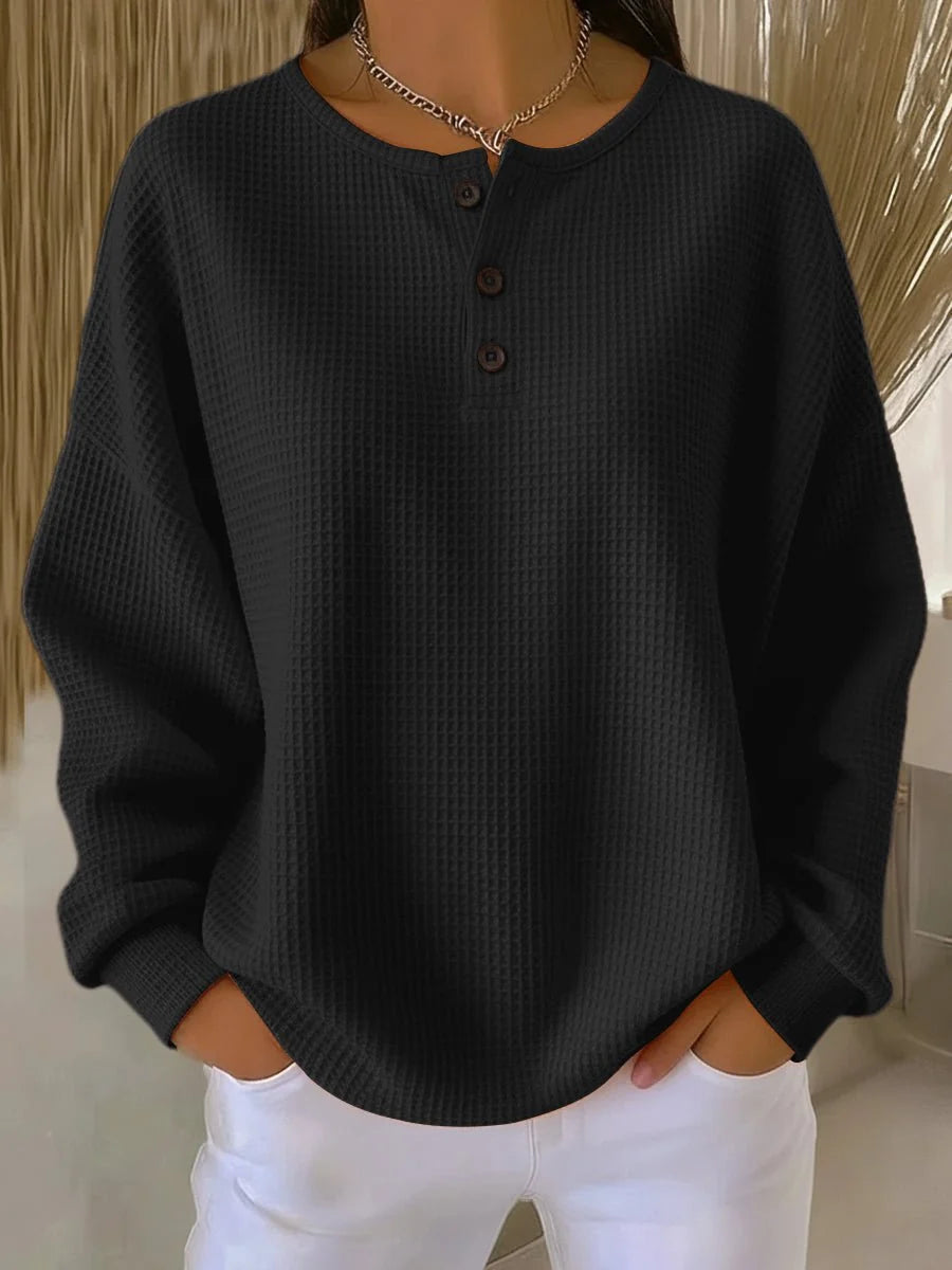 Nuana Elisabeth Damen Waffelstrick Henley Knit Sweater Langarm Oversize Pullover