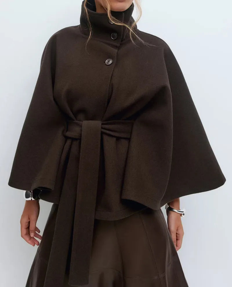 Nuana Felicia Damen Frühjahrs Cape-Mantel mit Gürtel und Stehkragen