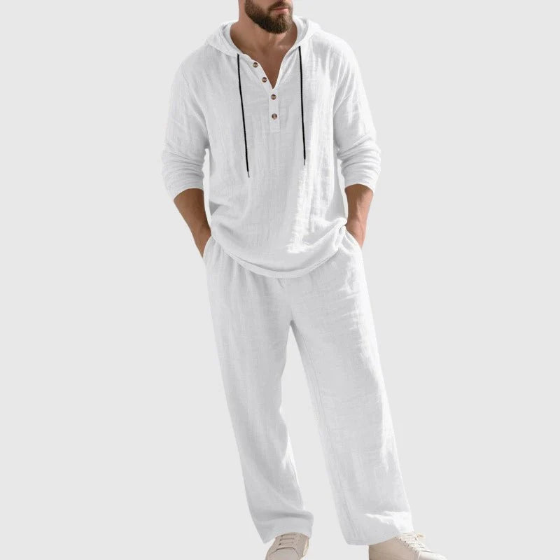 Nuana Felix | Herren Linen Hoodie Henley Zweiteiliges Freizeitset