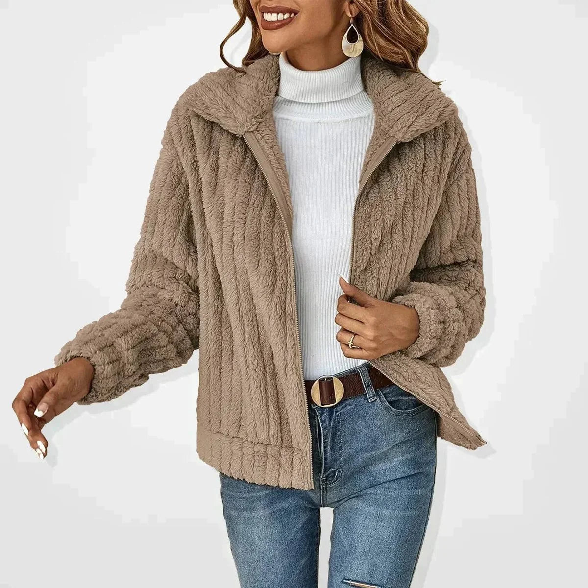 Nuana Frieda | Damen Flauschiger Oversized Reißverschluss Cardigan