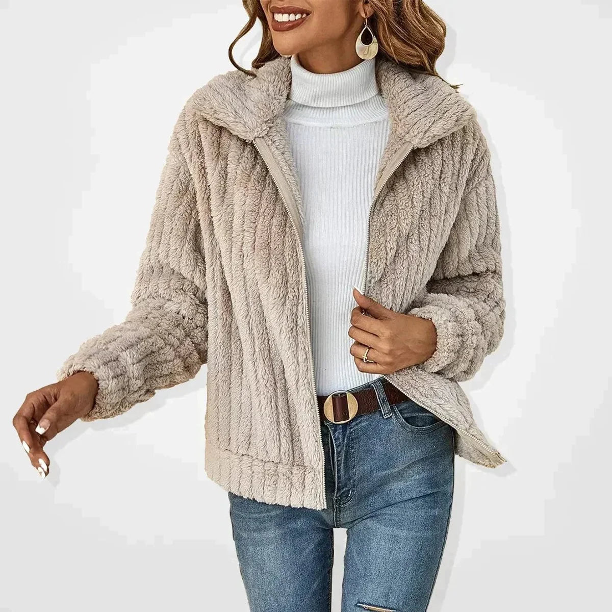 Nuana Frieda | Damen Flauschiger Oversized Reißverschluss Cardigan