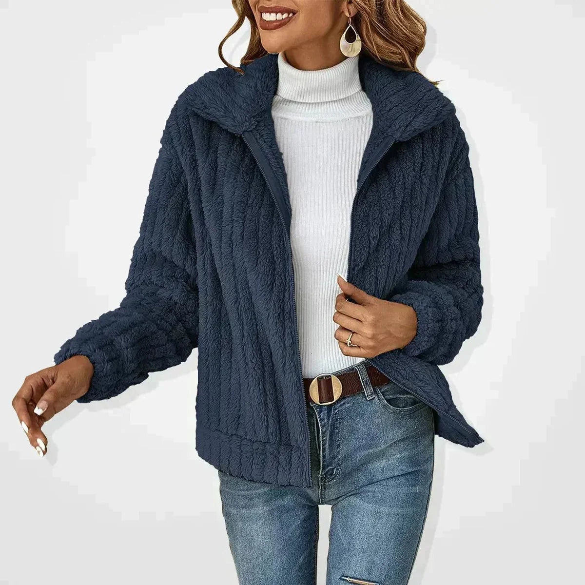 Nuana Frieda | Damen Flauschiger Oversized Reißverschluss Cardigan