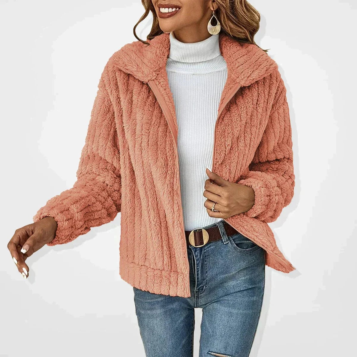 Nuana Frieda | Damen Flauschiger Oversized Reißverschluss Cardigan