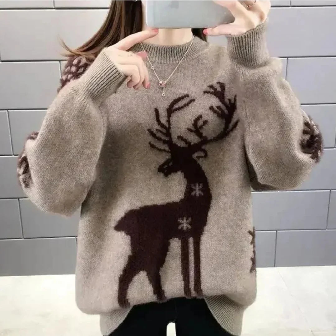 Nuana | Gestrickter Damen-Weihnachtspullover mit Rentiermotiv