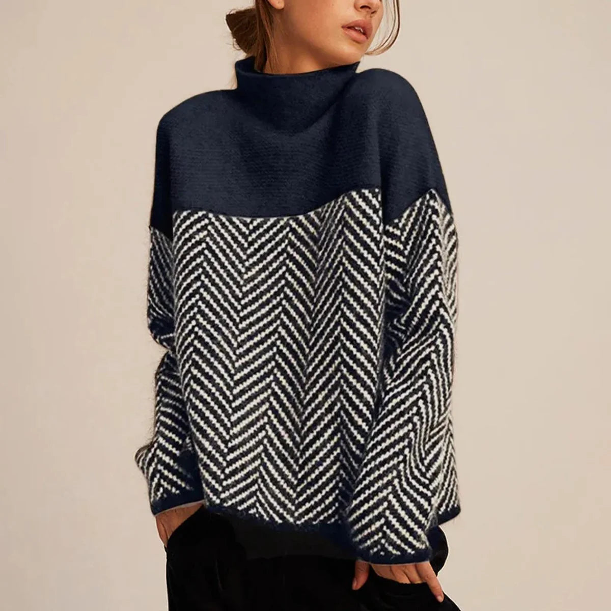 Nuana Greta Damen Rollkragen Pullover Oversized Fischgrätmuster