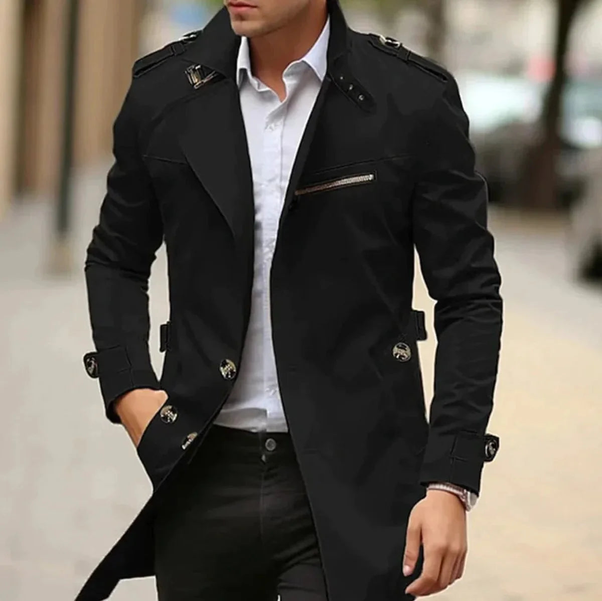 Nuana | Herren Eleganter Wool Coat Klassischer Trenchcoat mit Schulterriemen