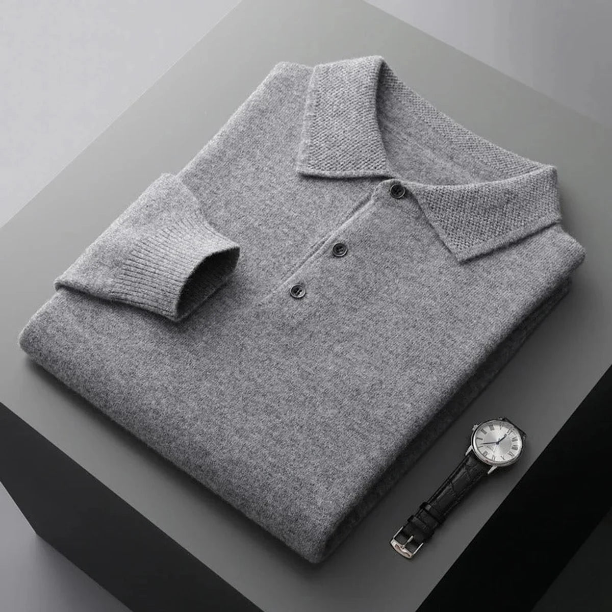 Nuana | Herren Kaschmir Polo Knit Sweater Langarm Business Strickpullover