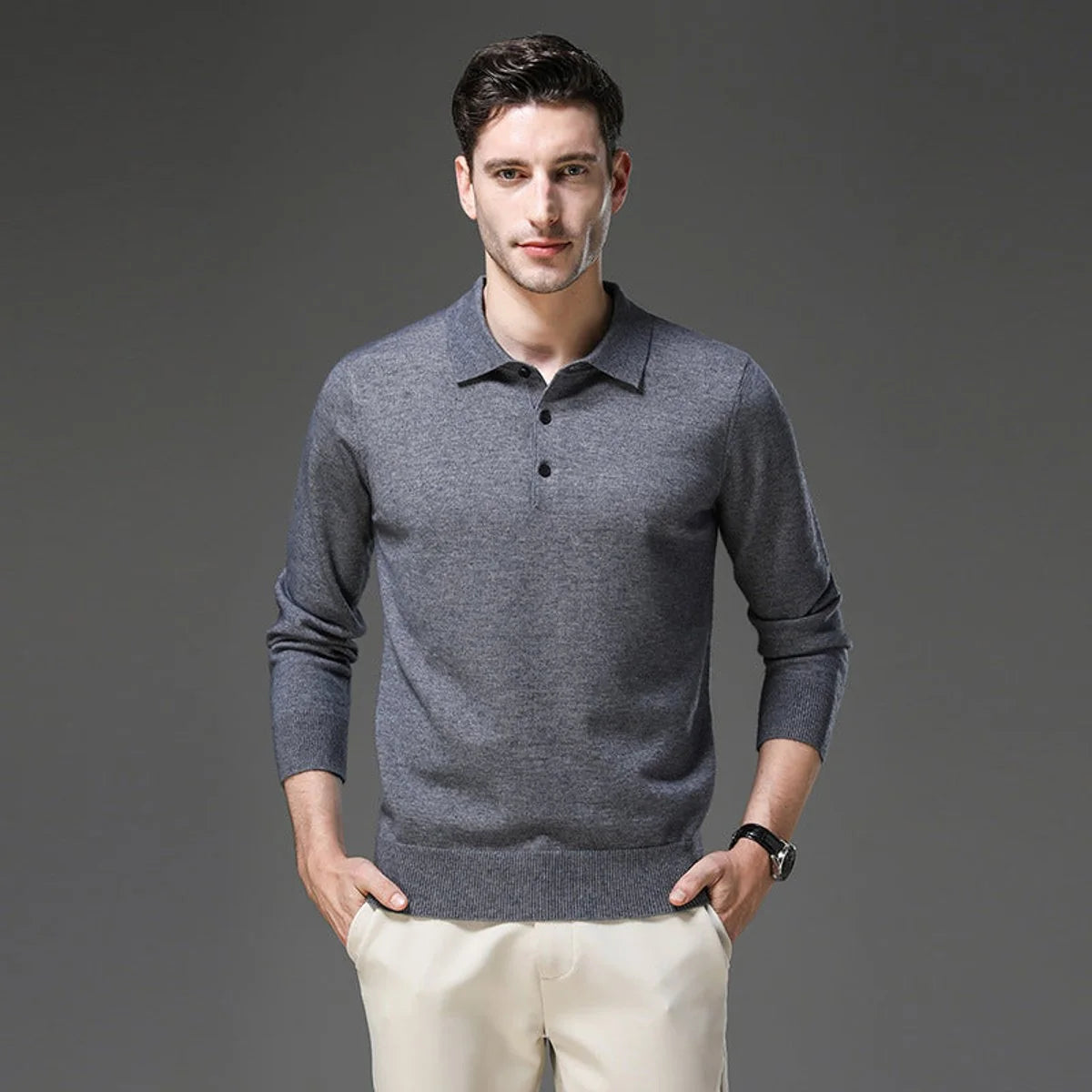 Nuana | Herren Kaschmir Polo Knit Sweater Langarm Business Strickpullover