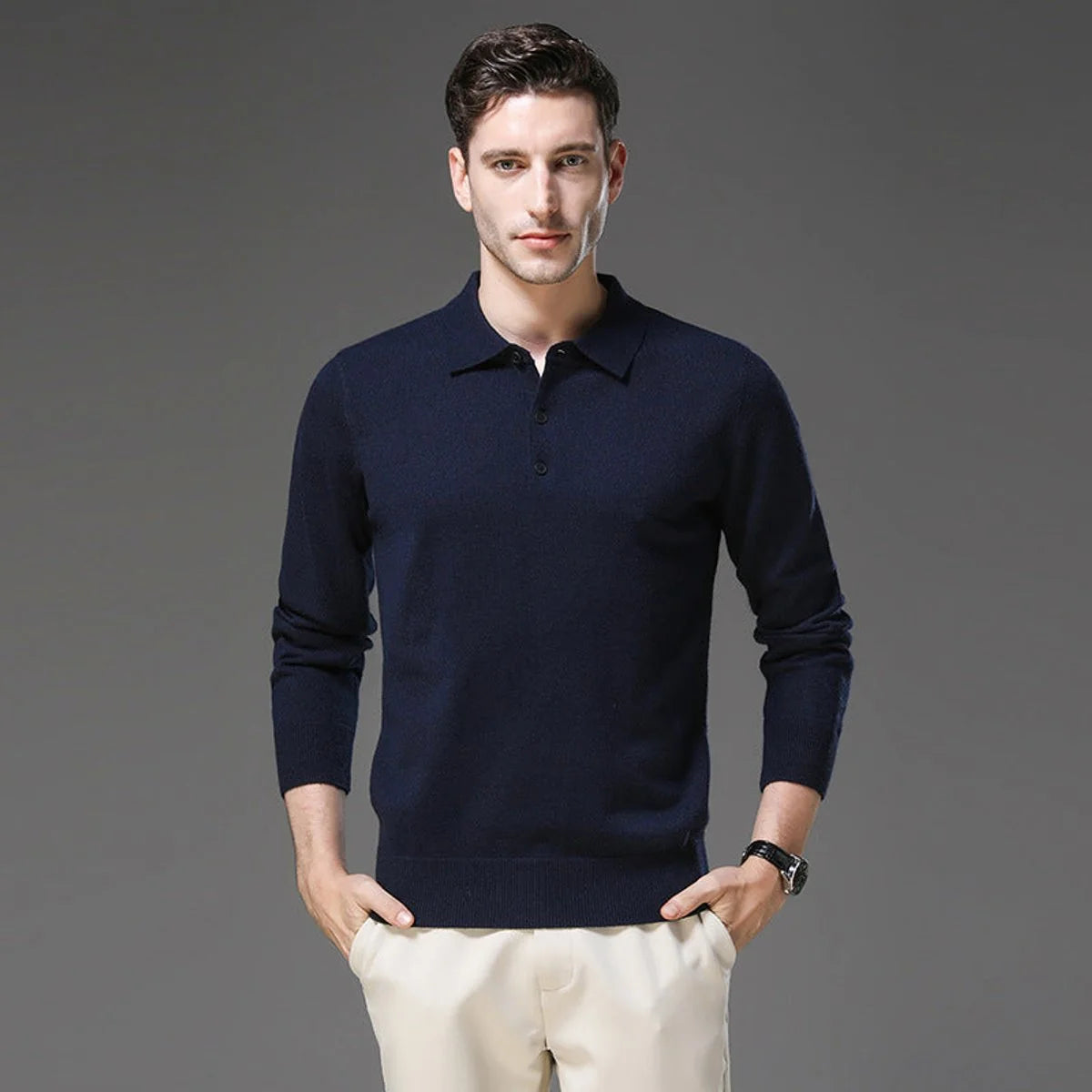 Nuana | Herren Kaschmir Polo Knit Sweater Langarm Business Strickpullover