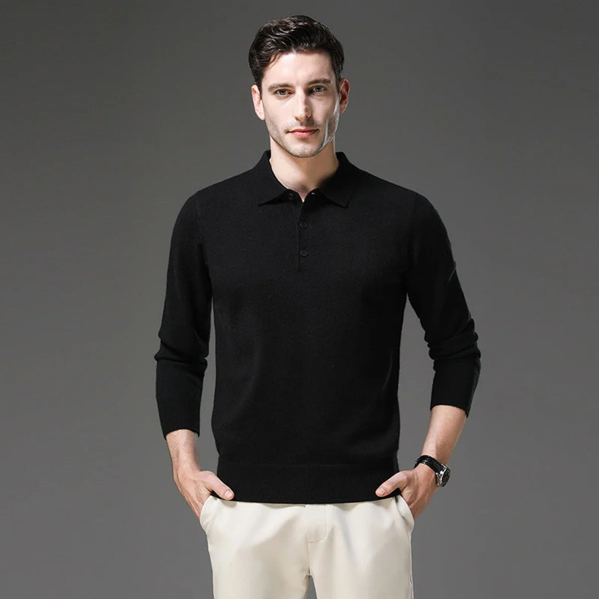 Nuana | Herren Kaschmir Polo Knit Sweater Langarm Business Strickpullover