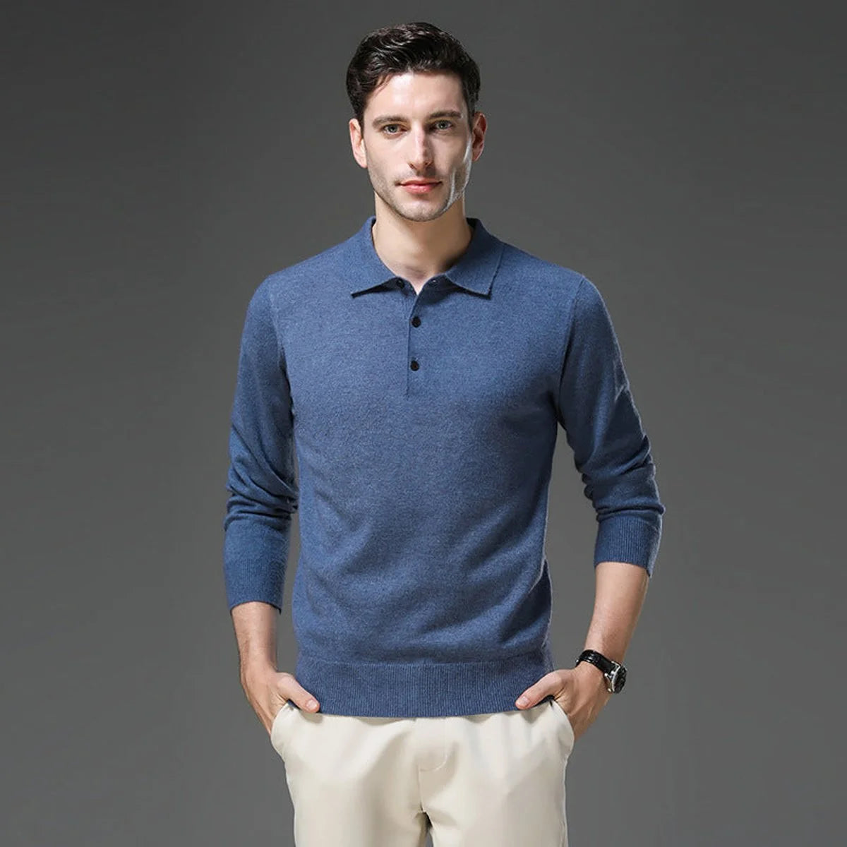 Nuana | Herren Kaschmir Polo Knit Sweater Langarm Business Strickpullover