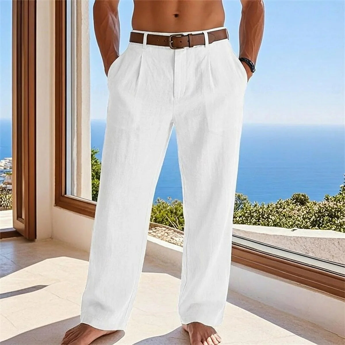 Nuana Herren Leinen Sommerhose Locker Geschnittene Freizeithose