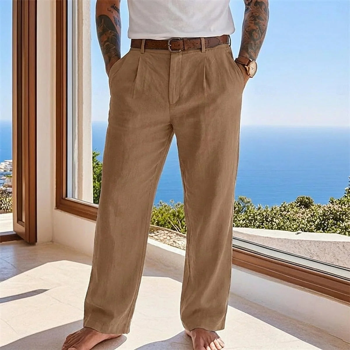 Nuana Herren Leinen Sommerhose Locker Geschnittene Freizeithose