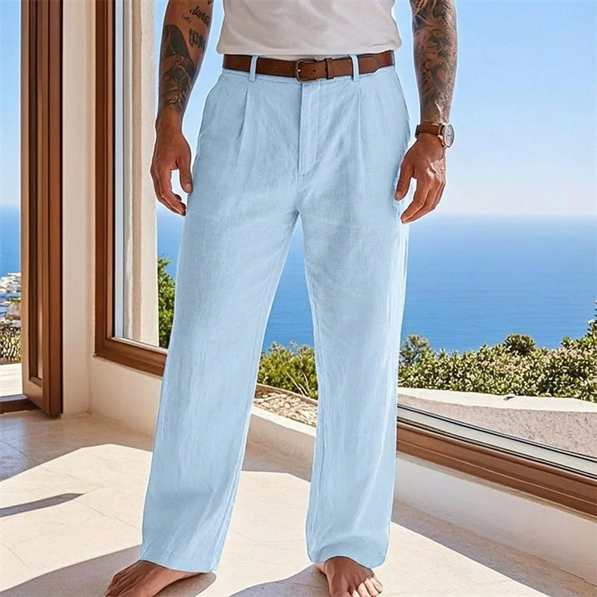 Nuana Herren Leinen Sommerhose Locker Geschnittene Freizeithose