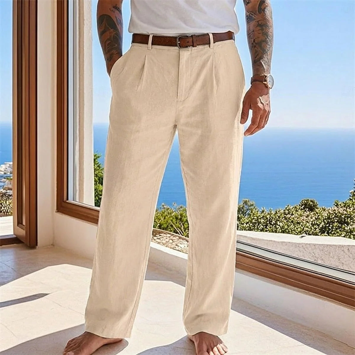 Nuana Herren Leinen Sommerhose Locker Geschnittene Freizeithose