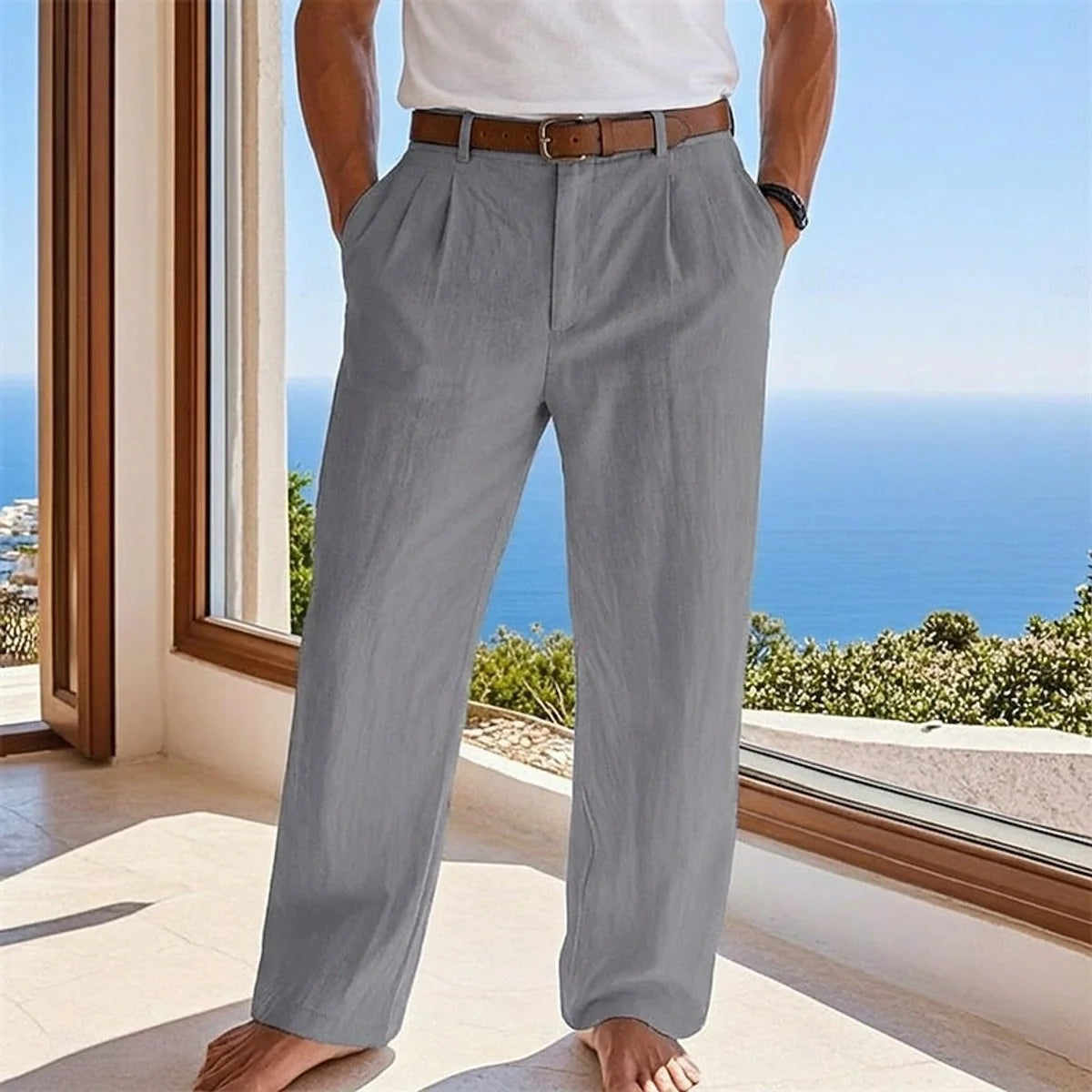 Nuana Herren Leinen Sommerhose Locker Geschnittene Freizeithose