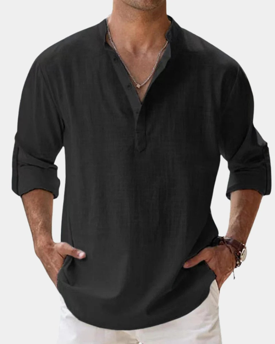 Nuana | Herren Leinenhemd Langarm Henley-Kragen Freizeithemd