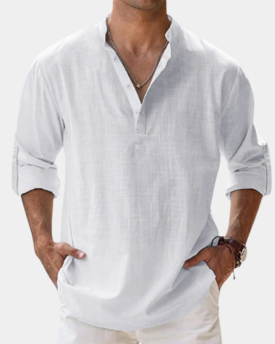 Nuana | Herren Leinenhemd Langarm Henley-Kragen Freizeithemd