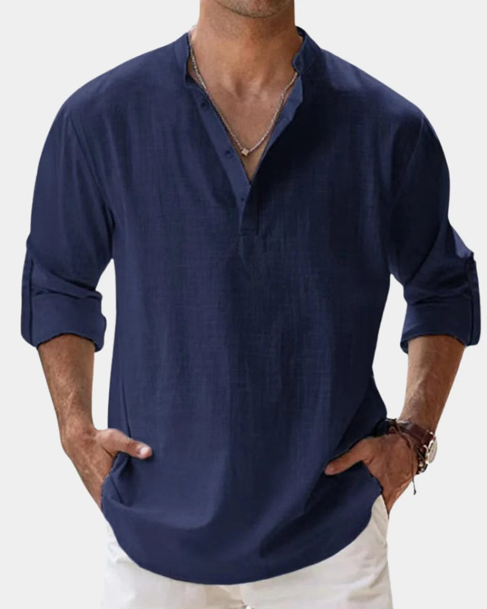 Nuana | Herren Leinenhemd Langarm Henley-Kragen Freizeithemd