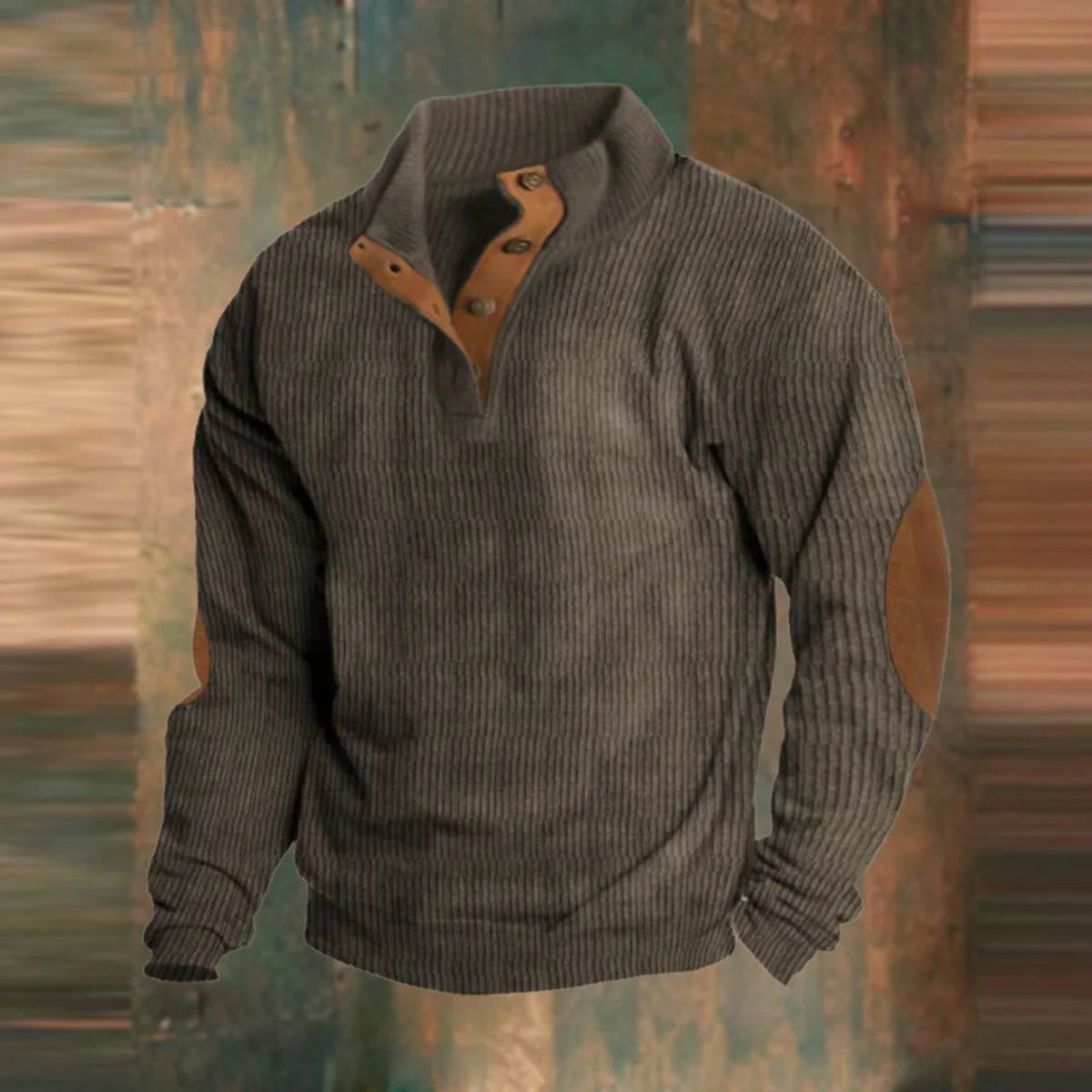 Nuana | Herren Retro Rippstrick Pullover mit Knopfkragen und Ellbogenpatches