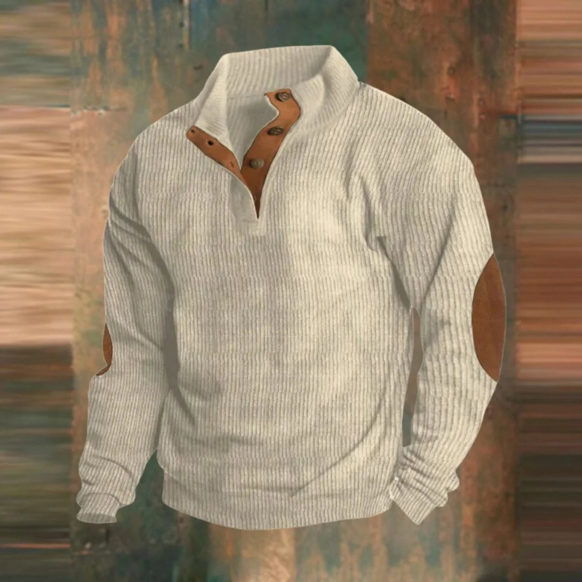 Nuana | Herren Retro Rippstrick Pullover mit Knopfkragen und Ellbogenpatches