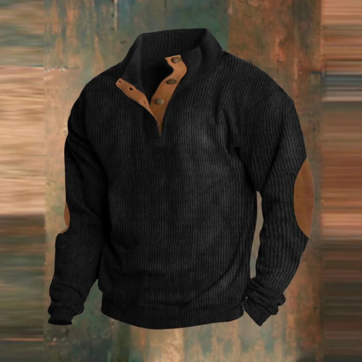 Nuana | Herren Retro Rippstrick Pullover mit Knopfkragen und Ellbogenpatches