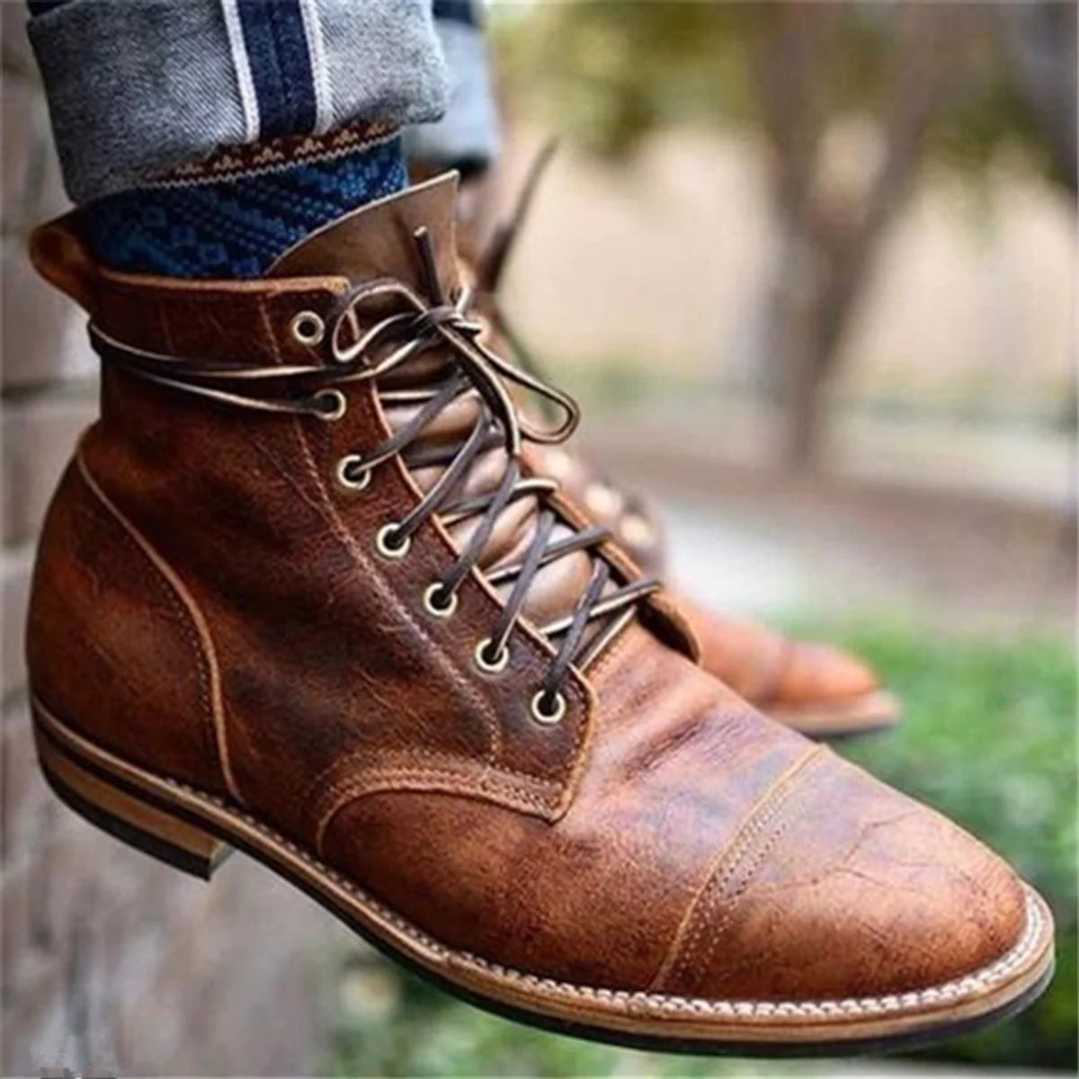 Nuana | Herren Schnürstiefel Klassische Leder Boots Robuste Gummisohle