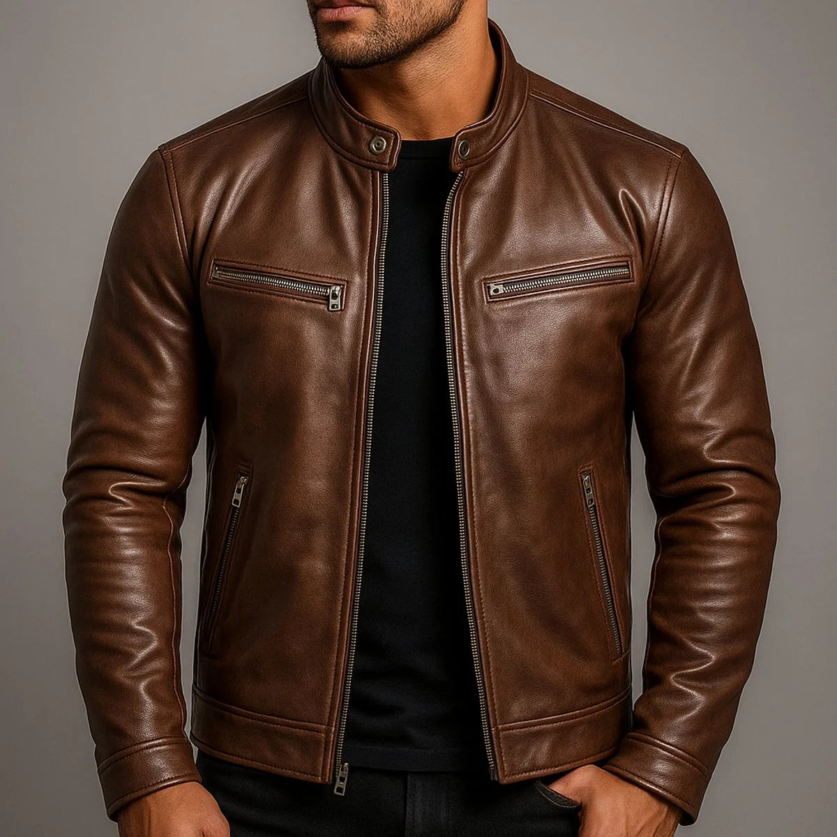 Nuana | Herren Vintage Biker Quilted Jacket Echtleder Reißverschluss