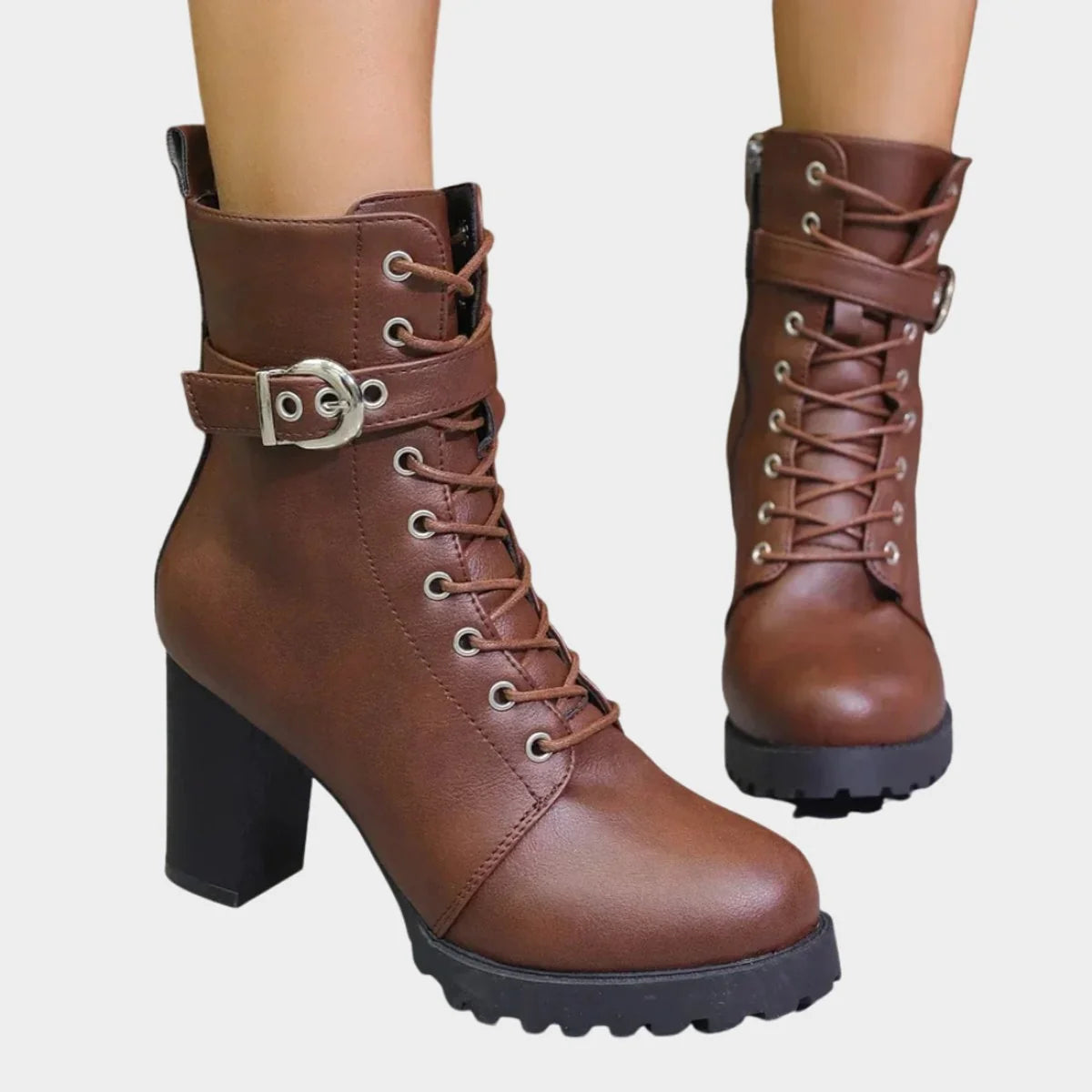 Nuana Katharina | Damen Schnürer-Ankle-Boots mit Blockabsatz und Schnalle