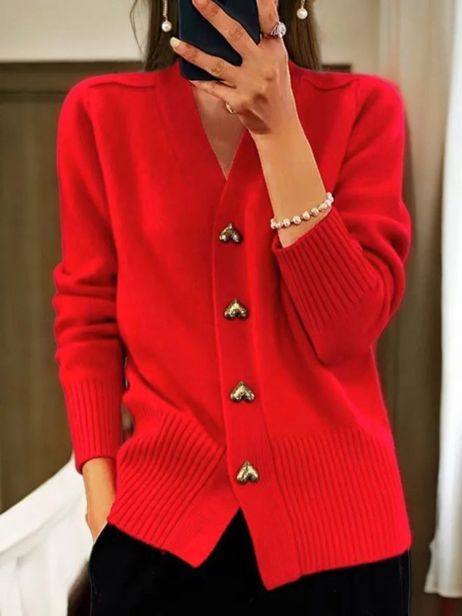 Nuana Leonie | Damen V-Ausschnitt Strick-Cardigan mit Herzknöpfen Relaxed Fit