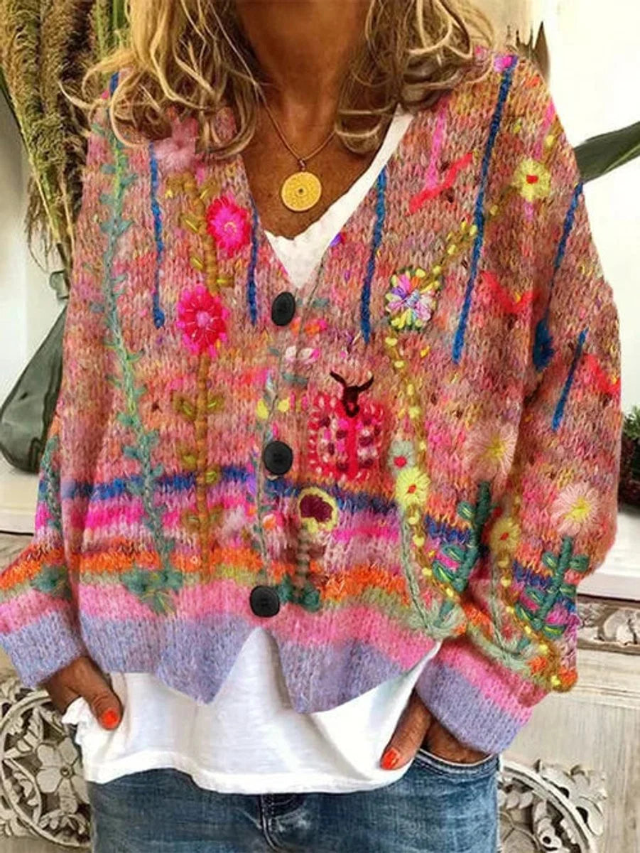 Nuana Marie | Damen Retro Blumen-Cardigan mit Knopfleiste in Buntem Strickdesign