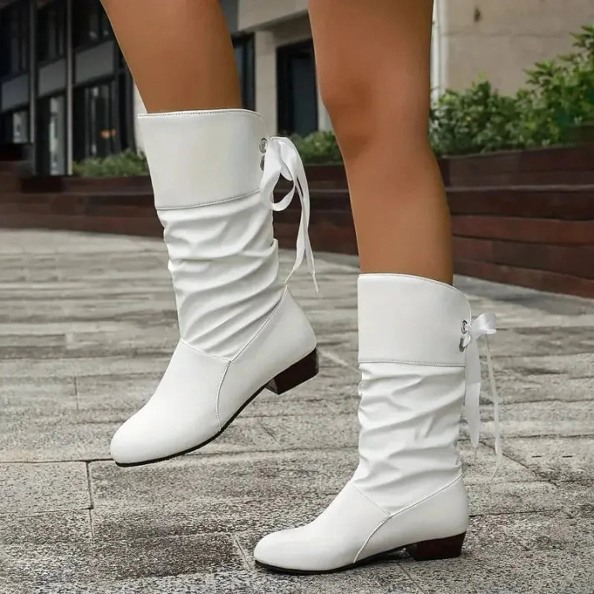 Nuana Marie Damen Wadenhohe Schnür-Ankle-Boots mit Blockabsatz aus Kunstleder