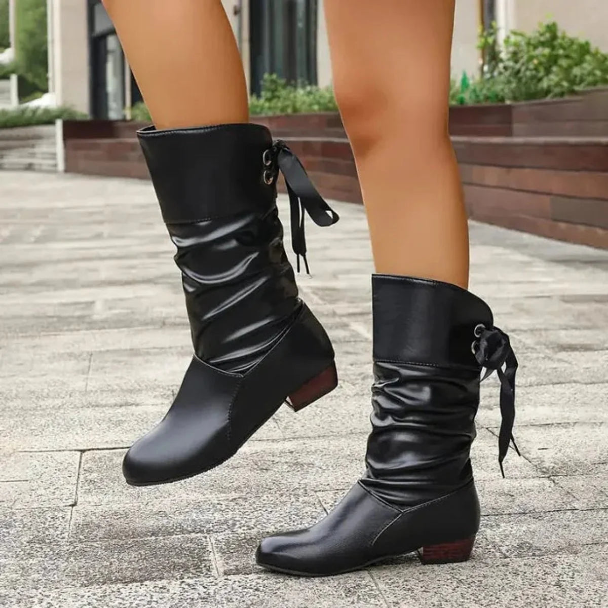 Nuana Marie Damen Wadenhohe Schnür-Ankle-Boots mit Blockabsatz aus Kunstleder